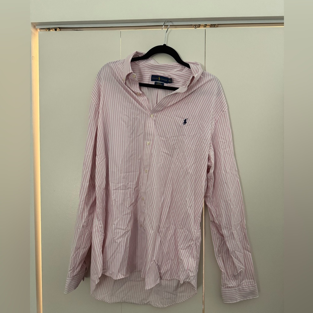 WORN ONCE: Ralph Lauren Men's Pink and White Striped Shirt